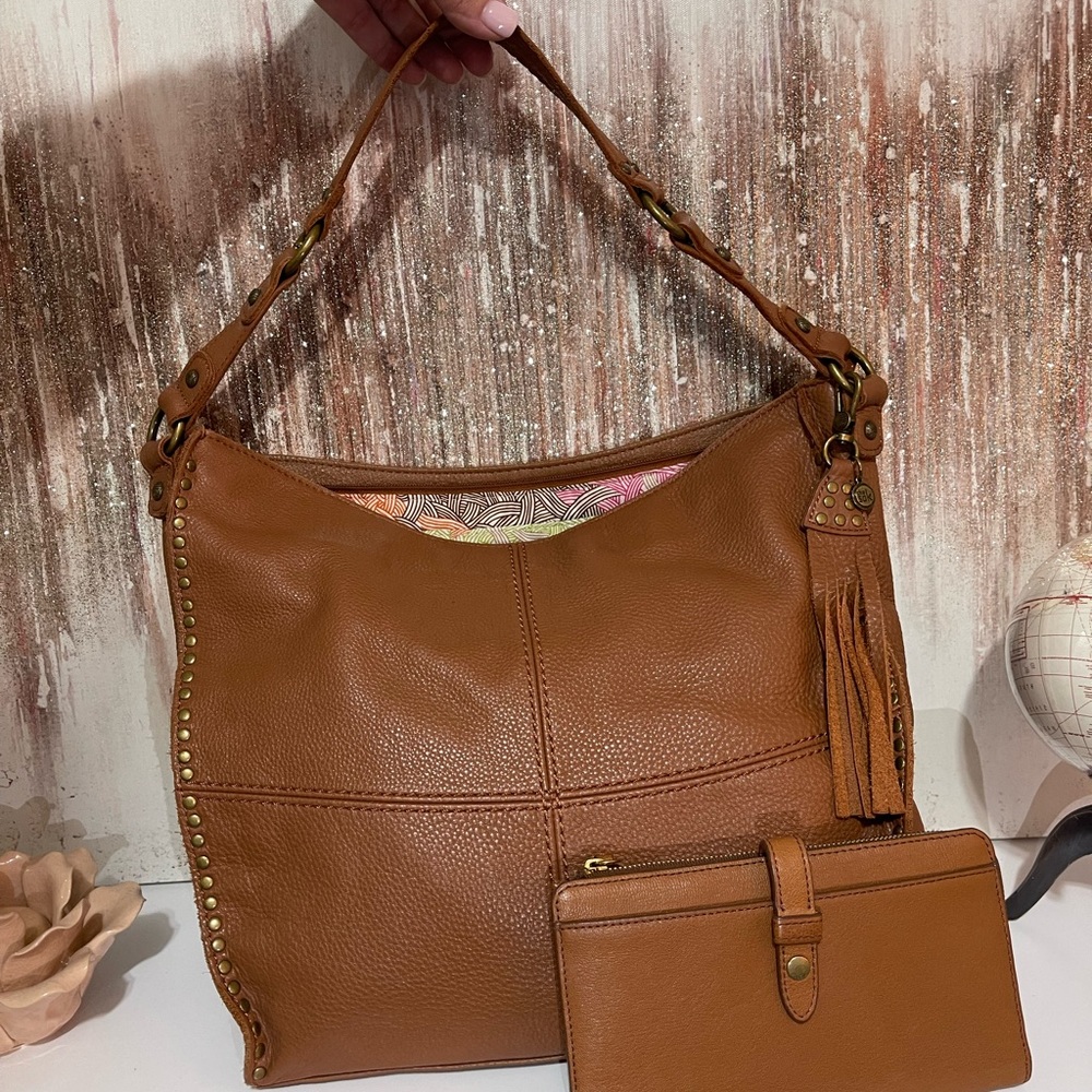 The Sak Silverlake Leather Cognac Hobo Studded Shoulder Bag(Fossil Fiona Wallet)